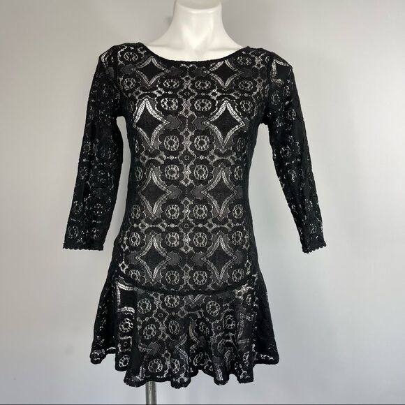 Free People Walking to the Sun Black Lace Mini Dress 0 Ruffle Sheer Tunic Top - Picture 7 of 16